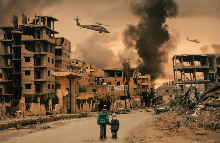 Two homeless little girl walking in destroyed city, soldiers and