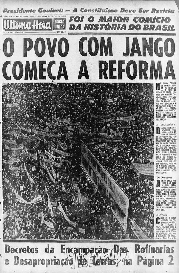 capa do jornal Última Hora, sobre o comício das Reformas, em março de 1964