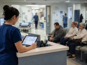 Hospital staff member reviewing patient flow data on a tablet in the emergency department