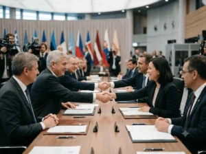 Trade ministers shaking hands after signing the Continental Trade Partnership agreement
